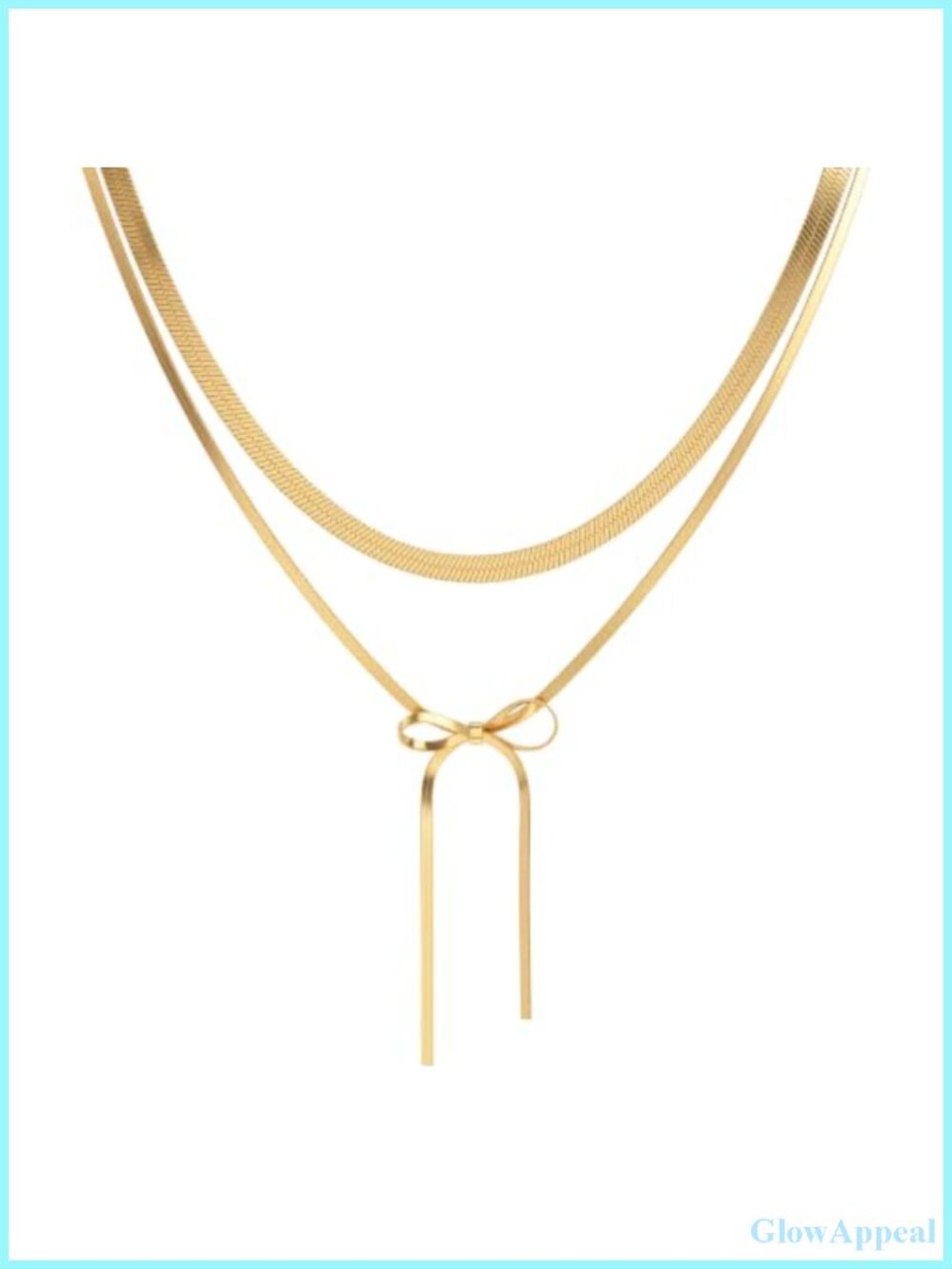 2 Pc Gold Plated Layered Necklace Set Snake Chain Bow Pendant Adjustable